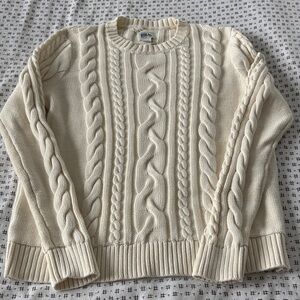 Eddie Bauer Cable Knit Sweater, cream, 100% cotton, crewneck, size L